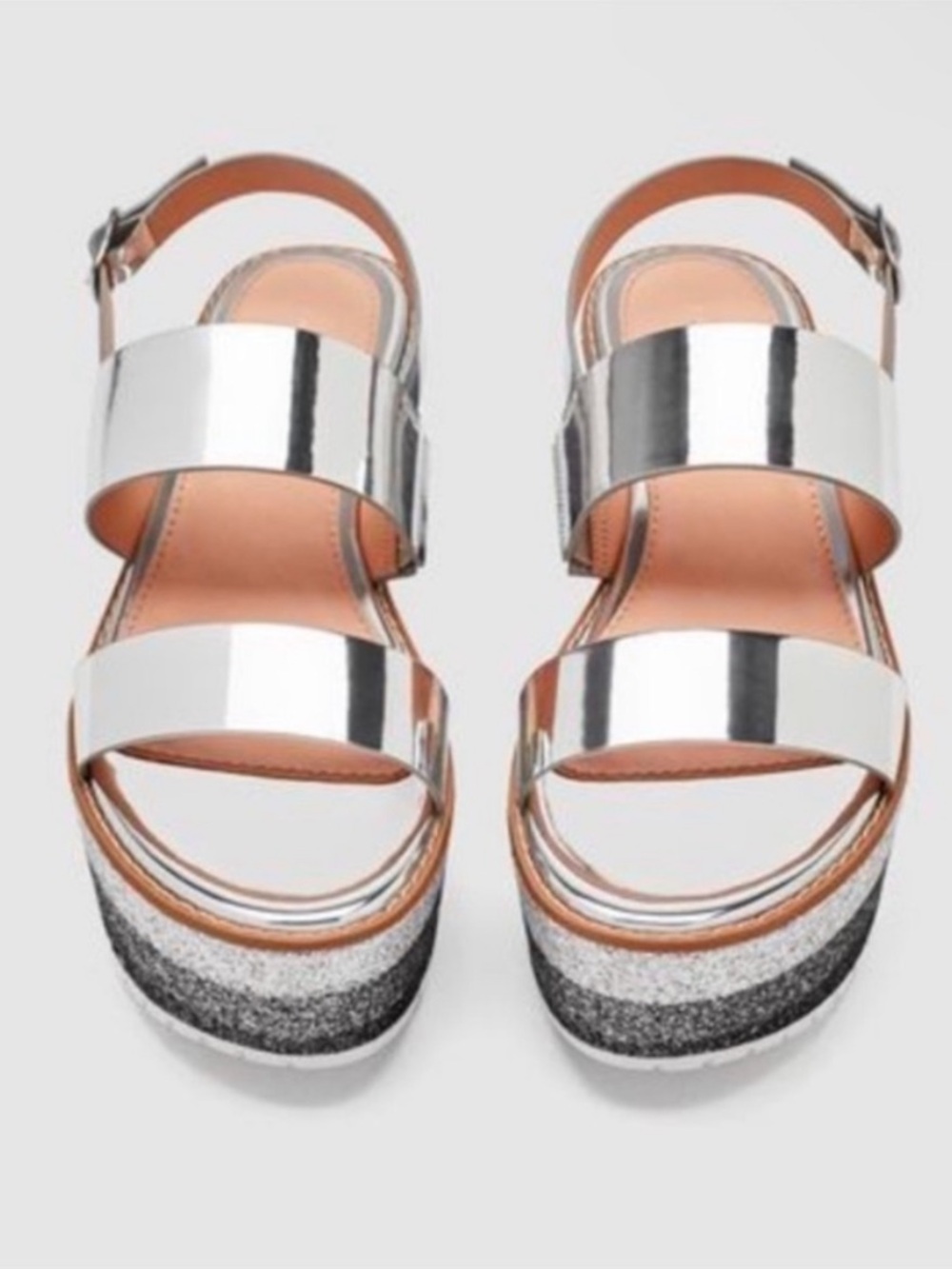 Zara Metallic Silver Platform Sandals with Glitter Sole C.2.